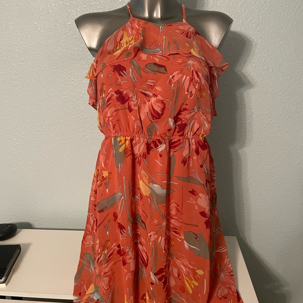 Floral Halter Neck Dress - Orange